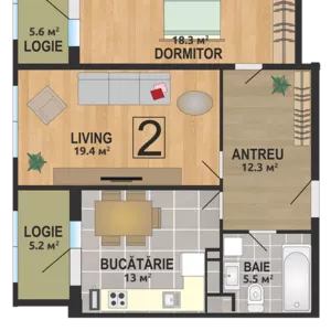 Apartament cu două odăi-70, 9 m2..