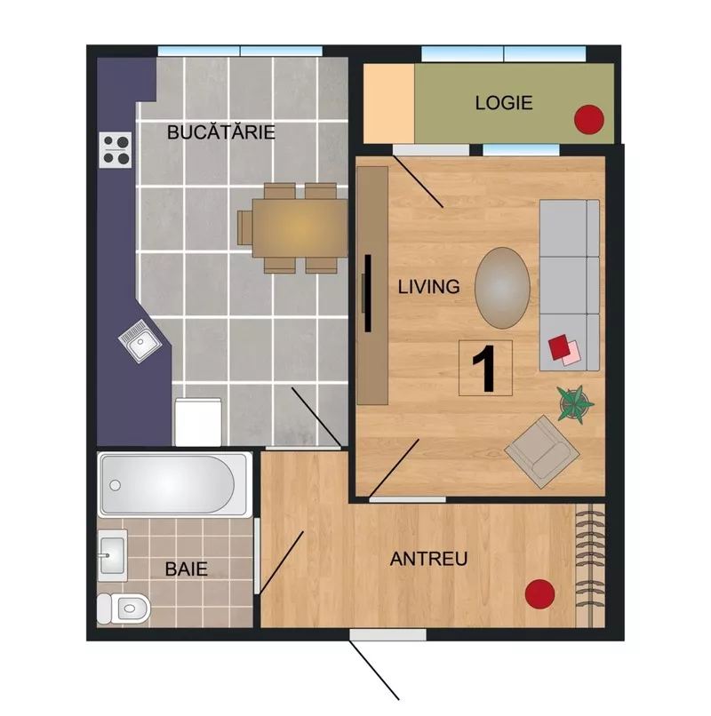 Apartament cu 1 odaie-54, 6 m2.