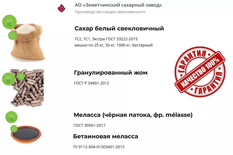 Сахар,  жом и меласса в Молдове от АО Земетчинский сахарный завод